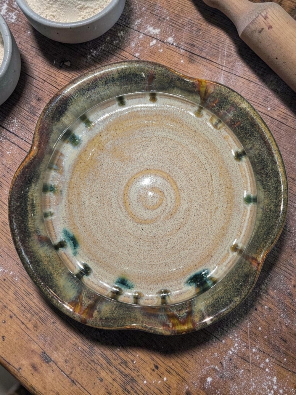 Handcrafted Ceramic Serving Plate in Earthy Green and Cream